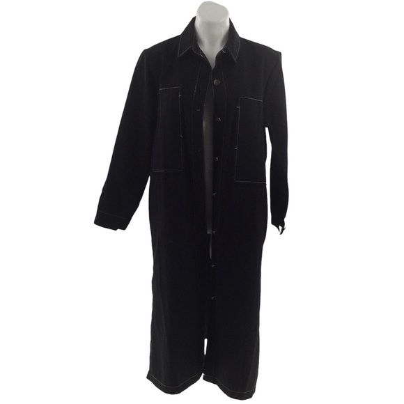 The Weeknd Black Denim Contrast White Stitch Long Trench Coat - Picture 1 of 15